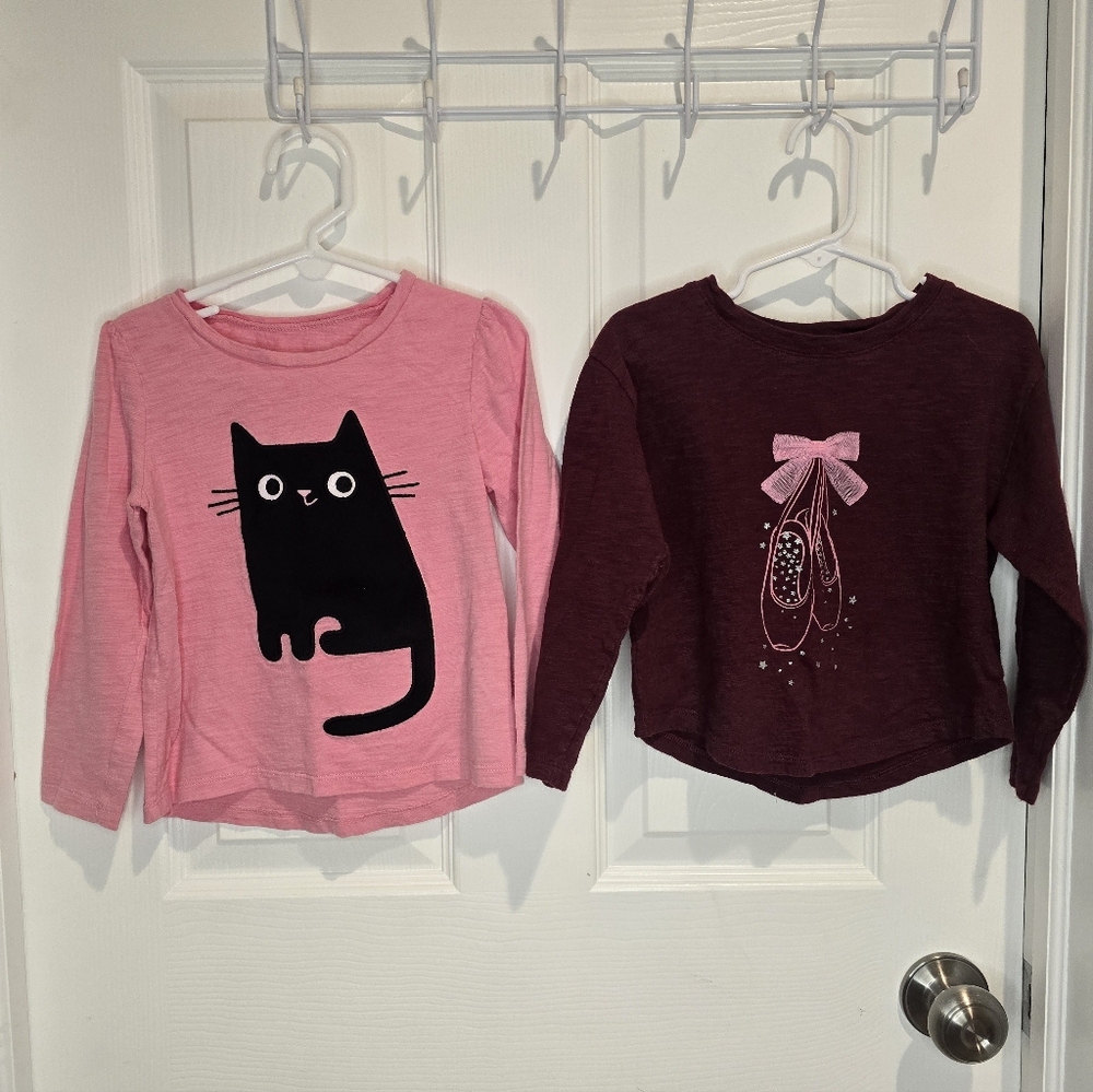 GAP Pink and Maroon Set of Long Sleeve Tees for Kids. Cat and Ballet Designs